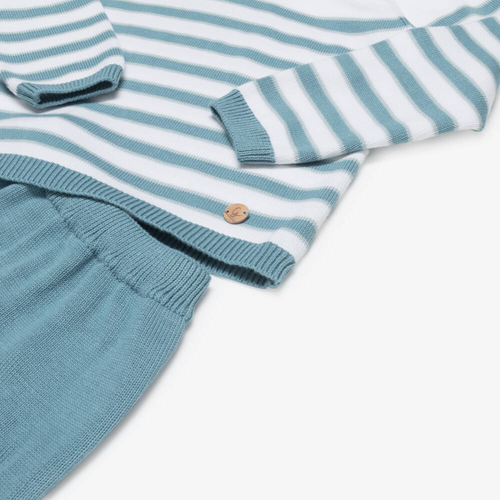 Artesanía Granlei-Boys Blue & Ivory Striped Knitted Shorts Set | Childrensalon