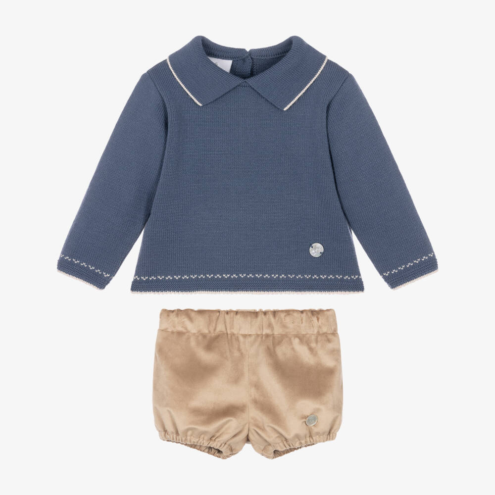 Artesanía Granlei-Boys Blue Knit & Beige Velvet Shorts Set | Childrensalon