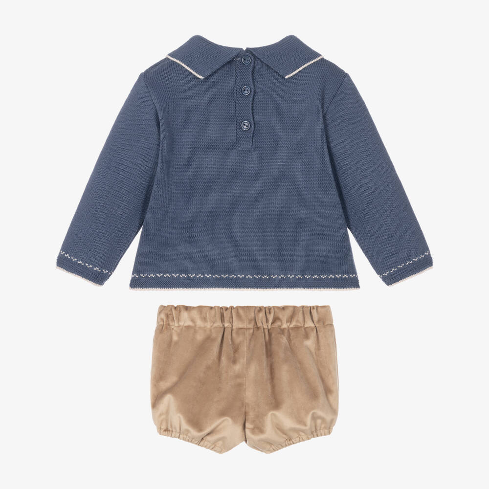 Artesanía Granlei-Boys Blue Knit & Beige Velvet Shorts Set | Childrensalon