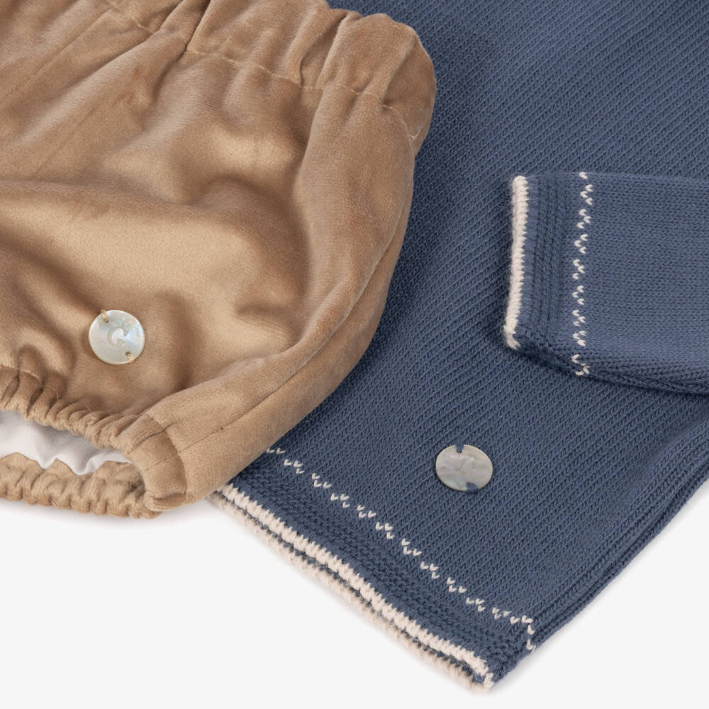 Artesanía Granlei-Boys Blue Knit & Beige Velvet Shorts Set | Childrensalon