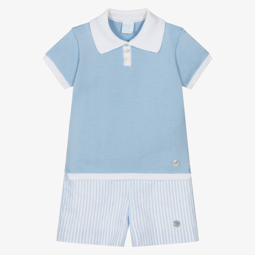 Artesanía Granlei-Boys Blue Knitted Top & Striped Shorts Set | Childrensalon