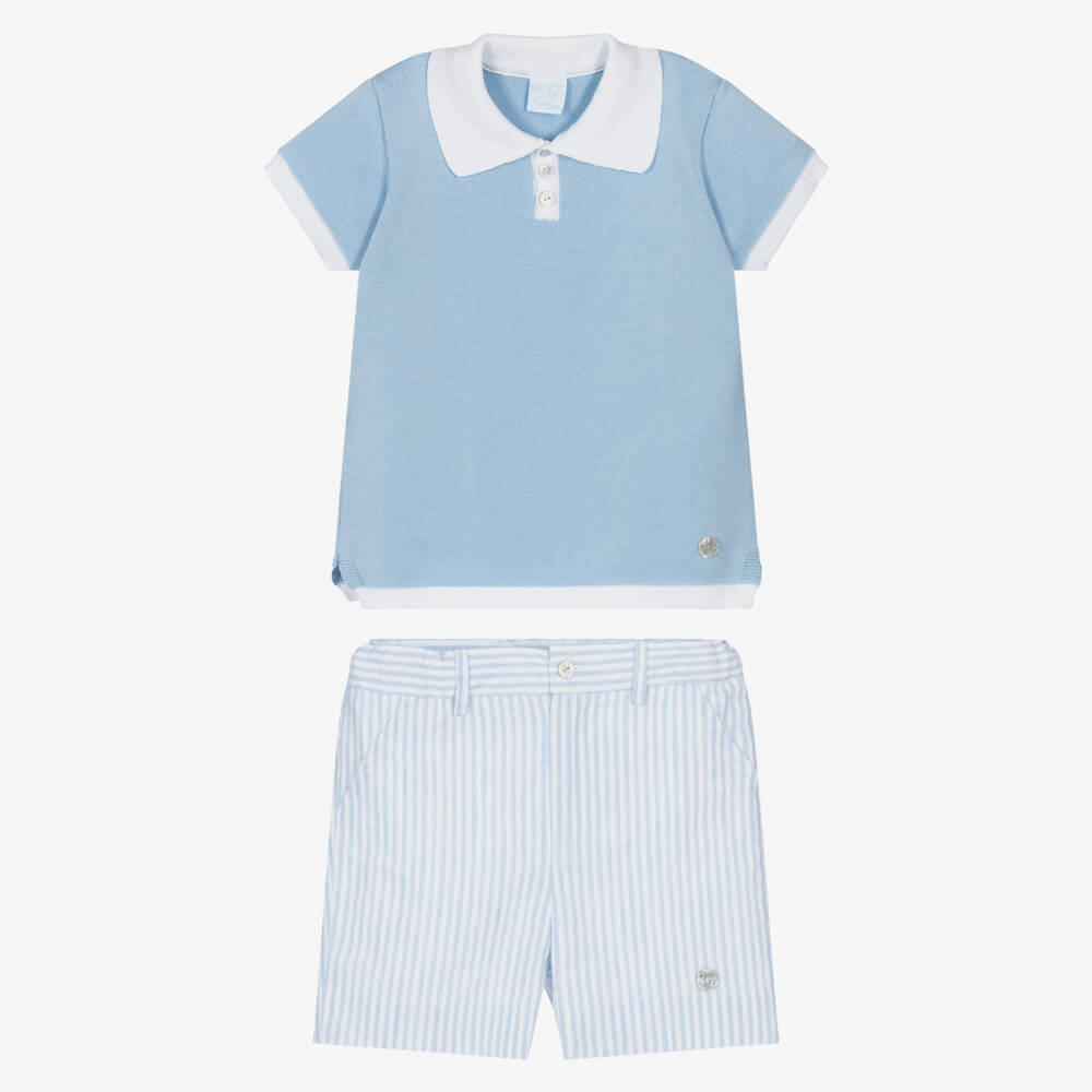 Artesanía Granlei-Boys Blue Knitted Top & Striped Shorts Set | Childrensalon