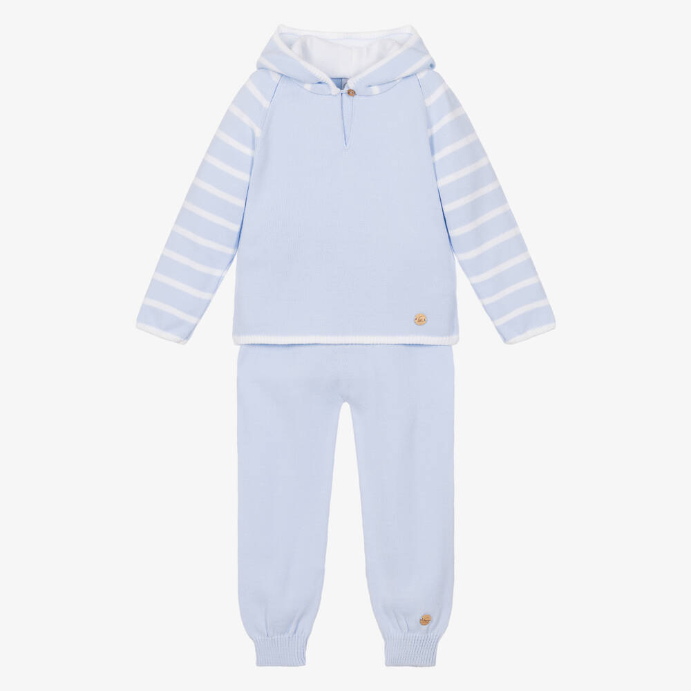 Artesanía Granlei-Boys Blue Knitted Tracksuit with White Stripes | Childrensalon