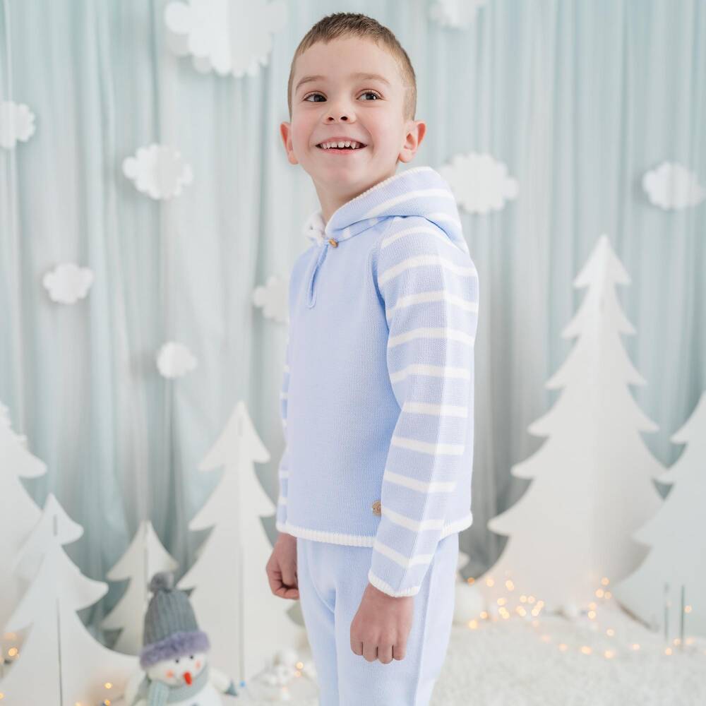 Artesanía Granlei-Boys Blue Knitted Tracksuit with White Stripes | Childrensalon