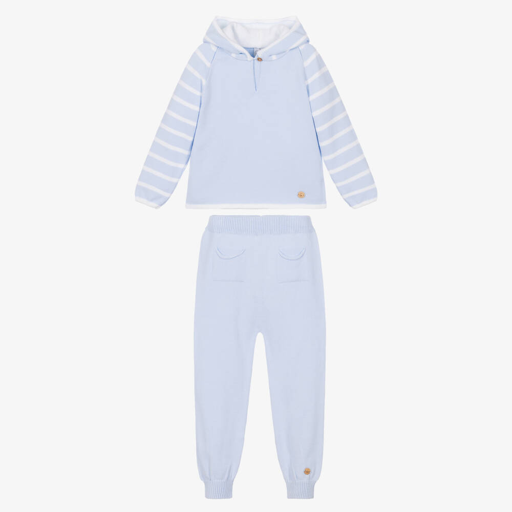 Artesanía Granlei-Boys Blue Knitted Tracksuit with White Stripes | Childrensalon