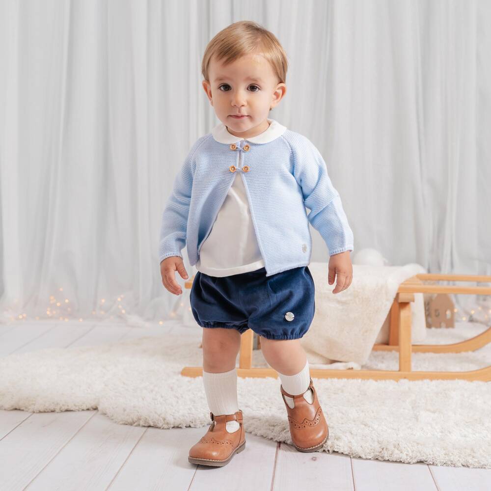 Artesanía Granlei-Boys Blue Velvet Shorts & Cardigan Set | Childrensalon