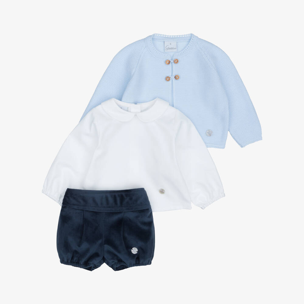 Artesanía Granlei-Boys Blue Velvet Shorts & Cardigan Set | Childrensalon