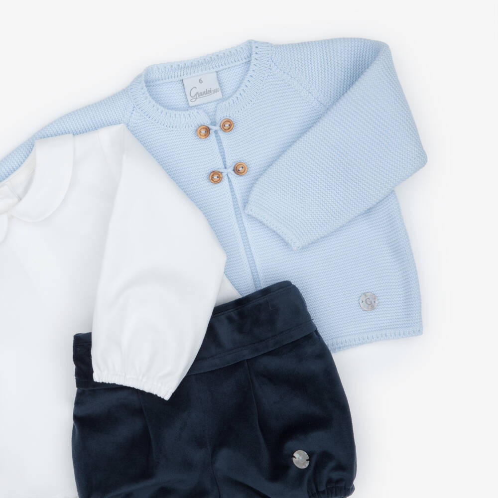 Artesanía Granlei-Boys Blue Velvet Shorts & Cardigan Set | Childrensalon