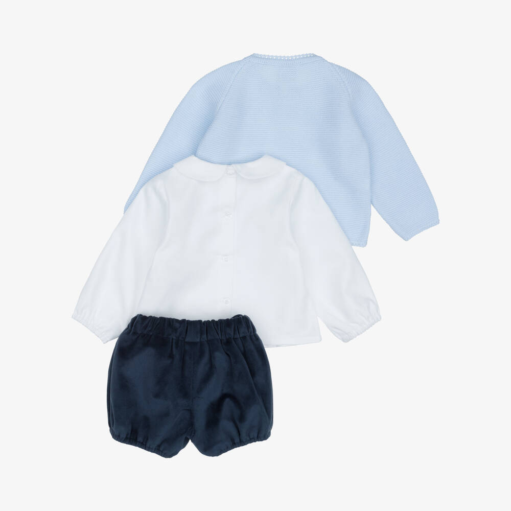 Artesanía Granlei-Boys Blue Velvet Shorts & Cardigan Set | Childrensalon