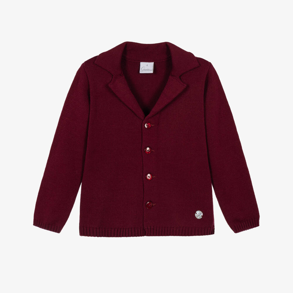 Artesanía Granlei-Boys Burgundy Knitted Cardigan with Notched Collar | Childrensalon