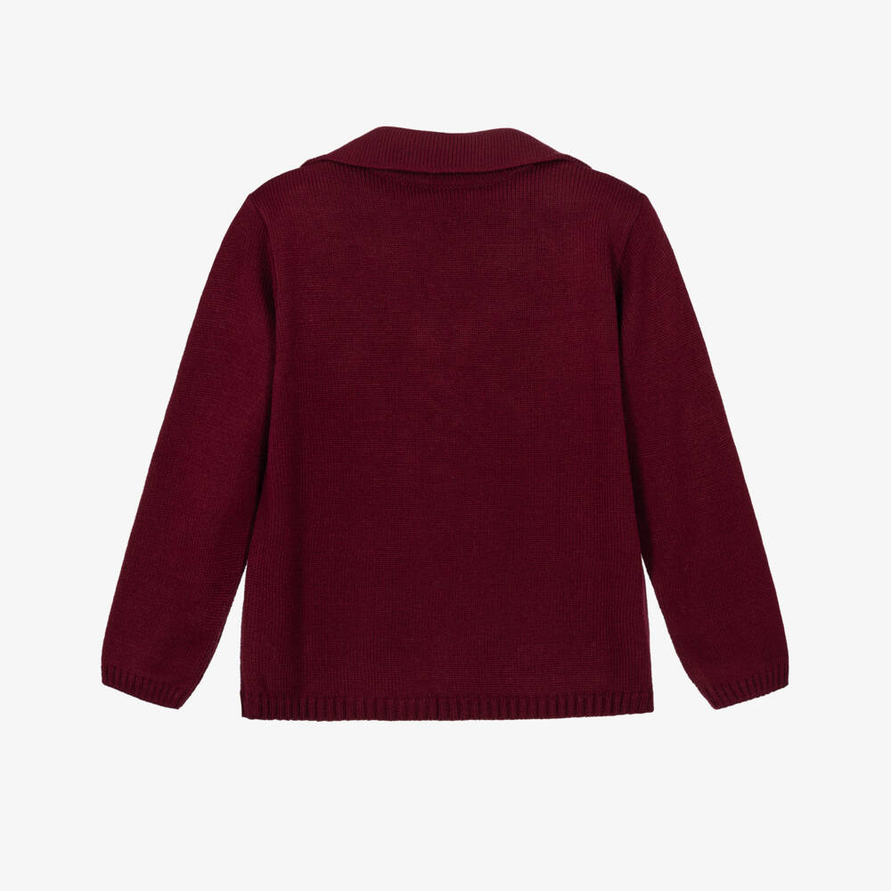 Artesanía Granlei-Boys Burgundy Knitted Cardigan with Notched Collar | Childrensalon