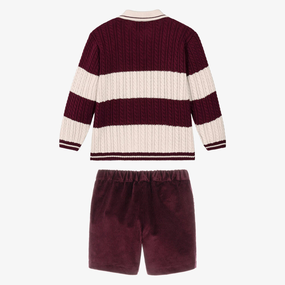 Artesanía Granlei-Boys Burgundy Red Sweater & Corduroy Shorts Set | Childrensalon