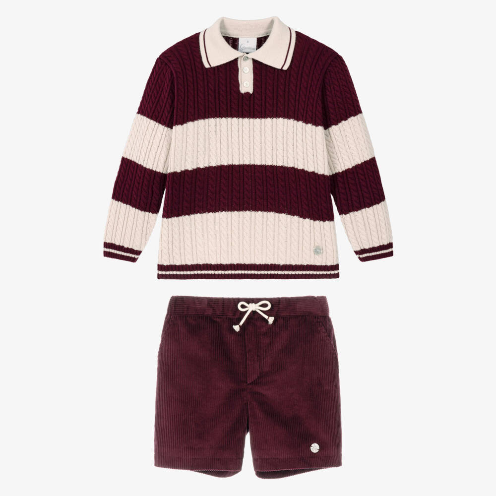 Artesanía Granlei-Boys Burgundy Red Sweater & Corduroy Shorts Set | Childrensalon
