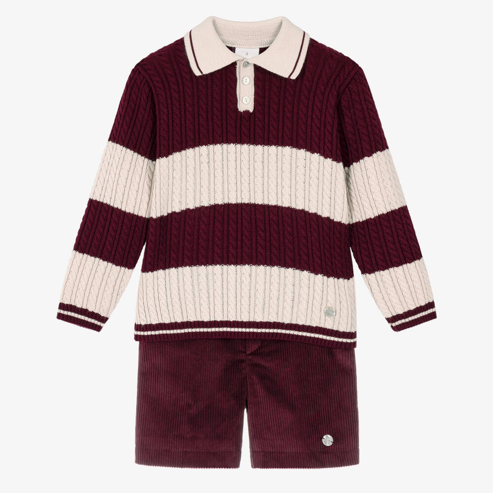 Artesanía Granlei-Boys Burgundy Red Sweater & Corduroy Shorts Set | Childrensalon