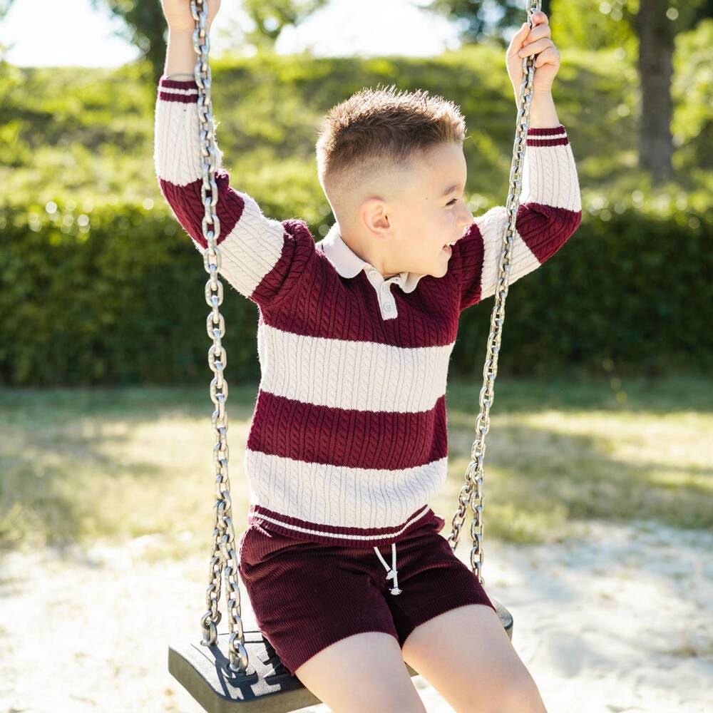 Artesanía Granlei-Boys Burgundy Red Sweater & Corduroy Shorts Set | Childrensalon