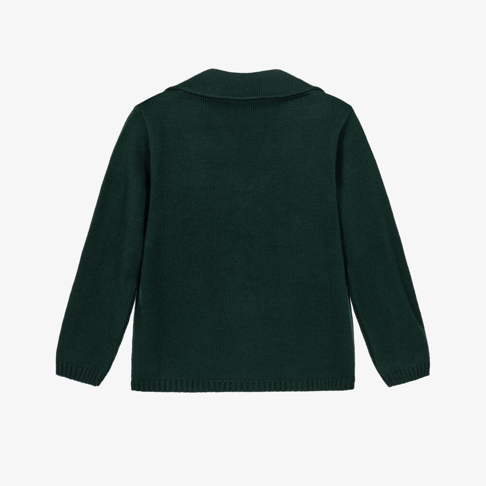 Artesanía Granlei-Boys Dark Green Knitted Cardigan with Notched Collar | Childrensalon