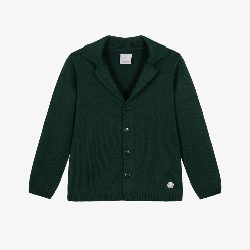 Artesanía Granlei-Boys Dark Green Knitted Cardigan with Notched Collar | Childrensalon