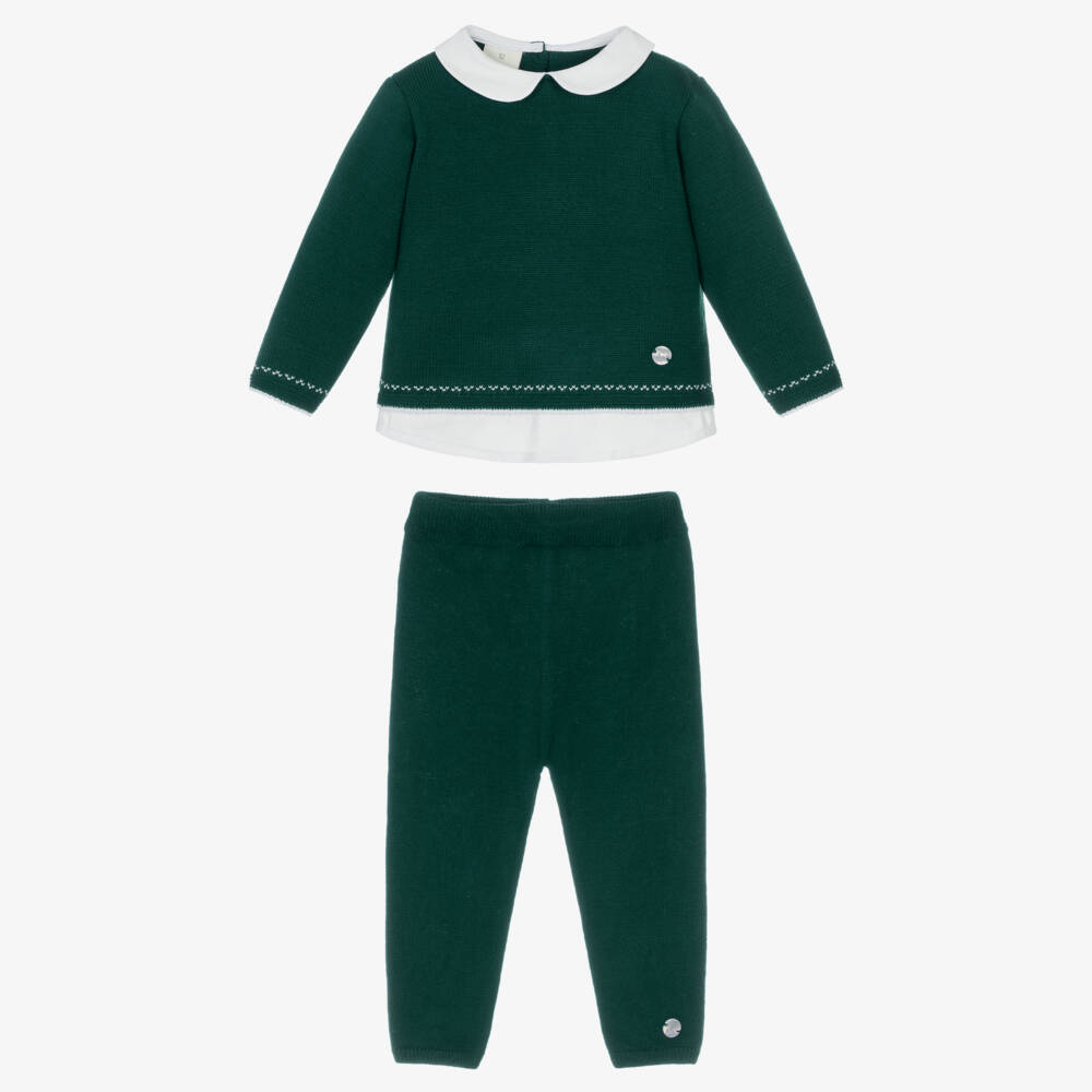 Artesanía Granlei-Boys Dark Green Knitted Trouser Set with Collar | Childrensalon