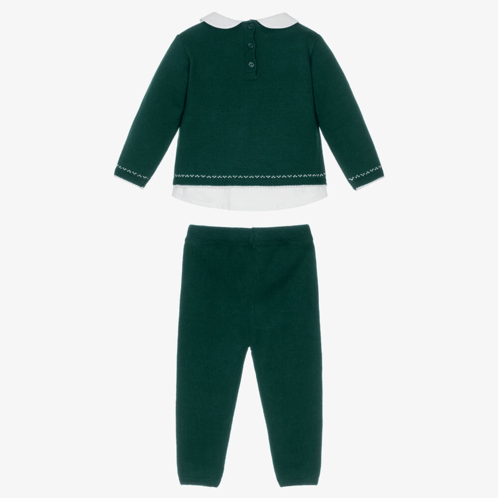 Artesanía Granlei-Boys Dark Green Knitted Trouser Set with Collar | Childrensalon