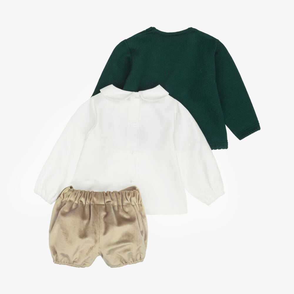 Artesanía Granlei-Boys Green Cardigan & Beige Velvet Shorts Set | Childrensalon