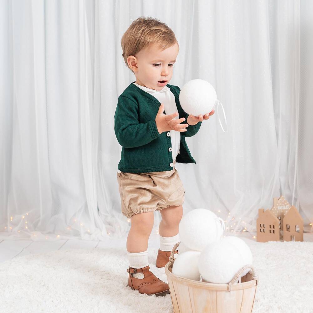 Artesanía Granlei-Boys Green Cardigan & Beige Velvet Shorts Set | Childrensalon