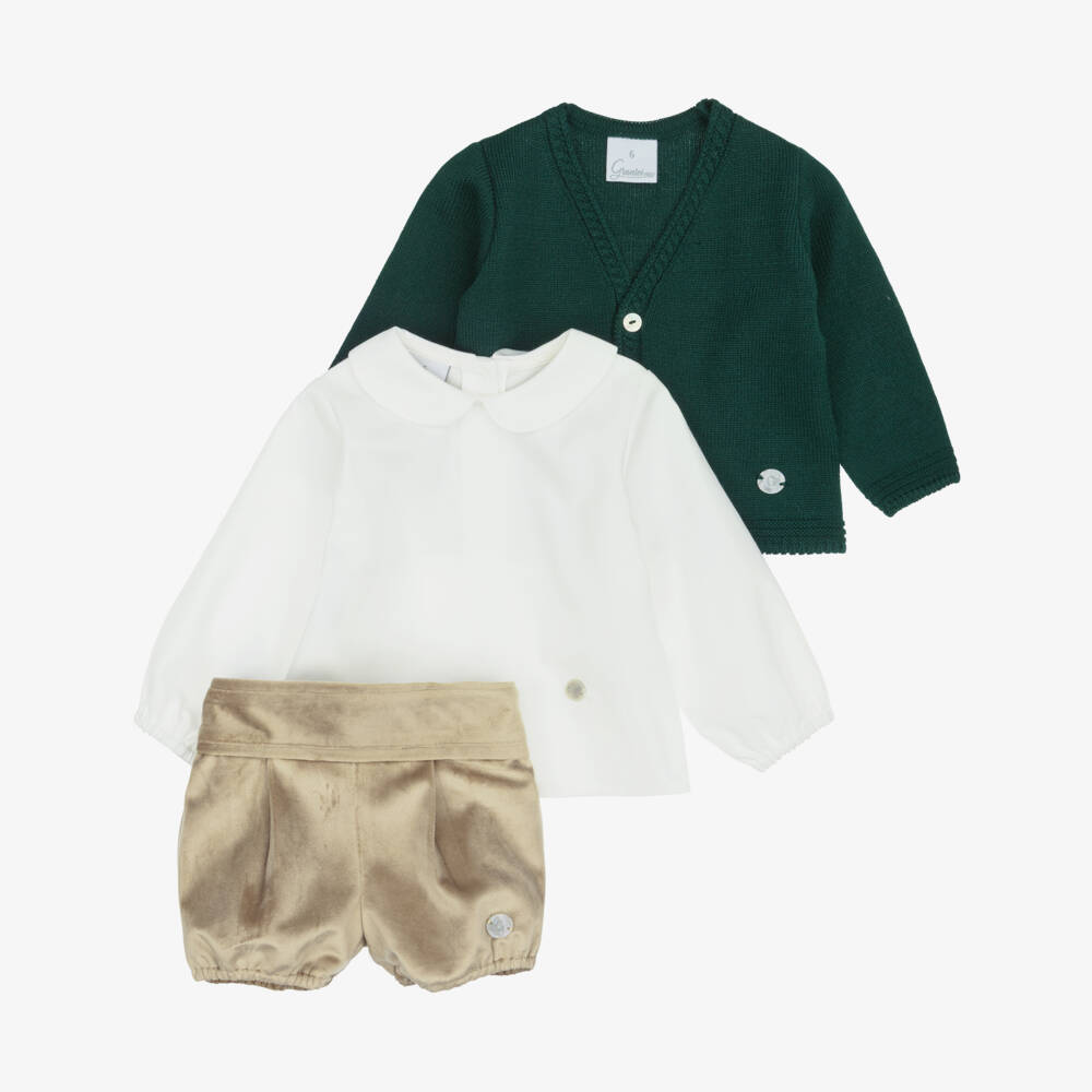 Artesanía Granlei-Boys Green Cardigan & Beige Velvet Shorts Set | Childrensalon
