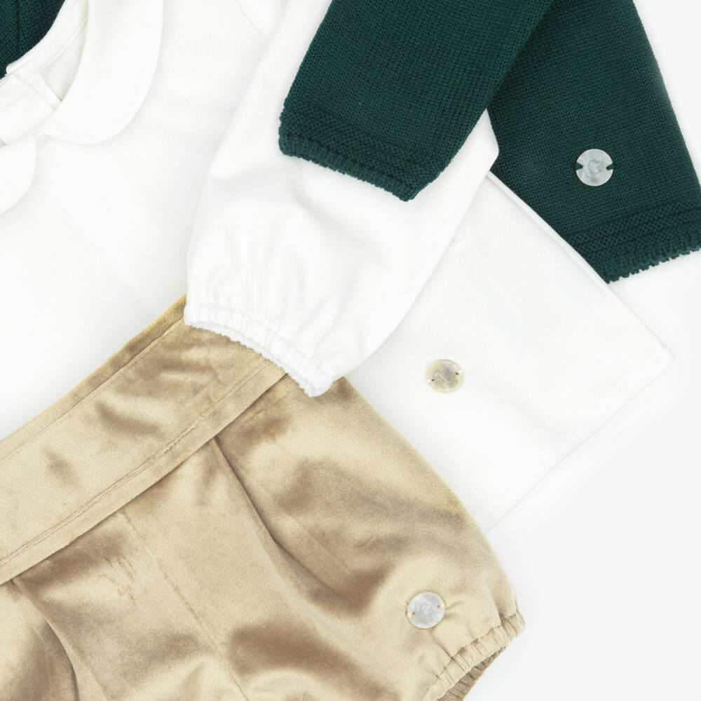 Artesanía Granlei-Boys Green Cardigan & Beige Velvet Shorts Set | Childrensalon