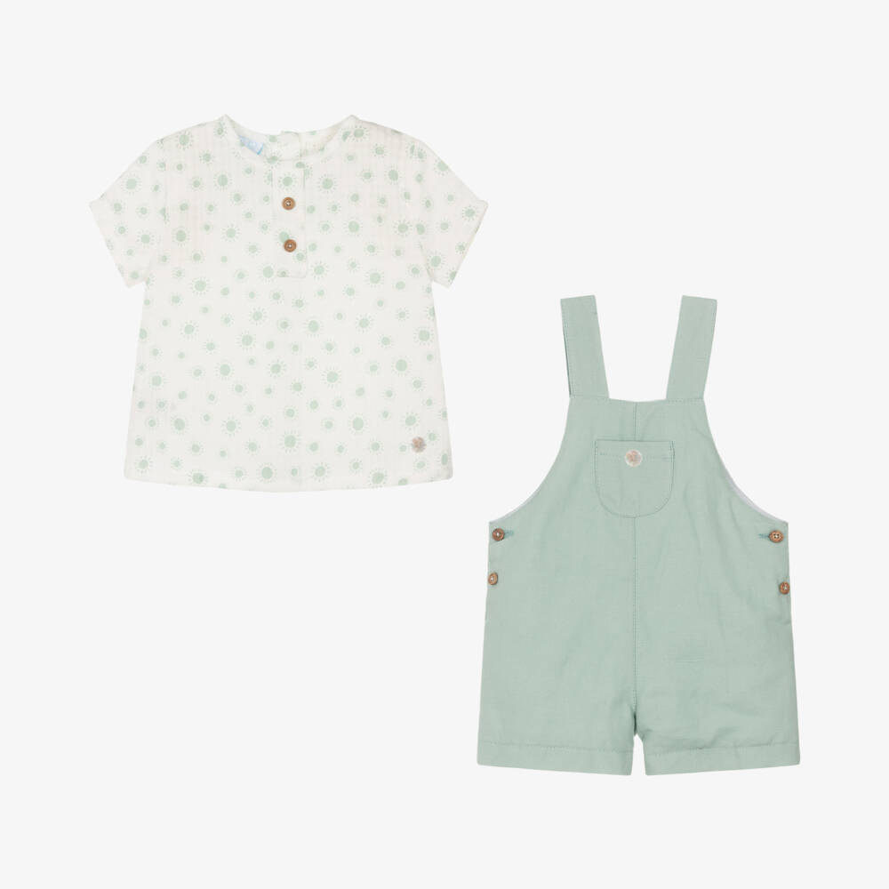 Artesanía Granlei-Boys Green Cotton & Linen Dungaree Set | Childrensalon
