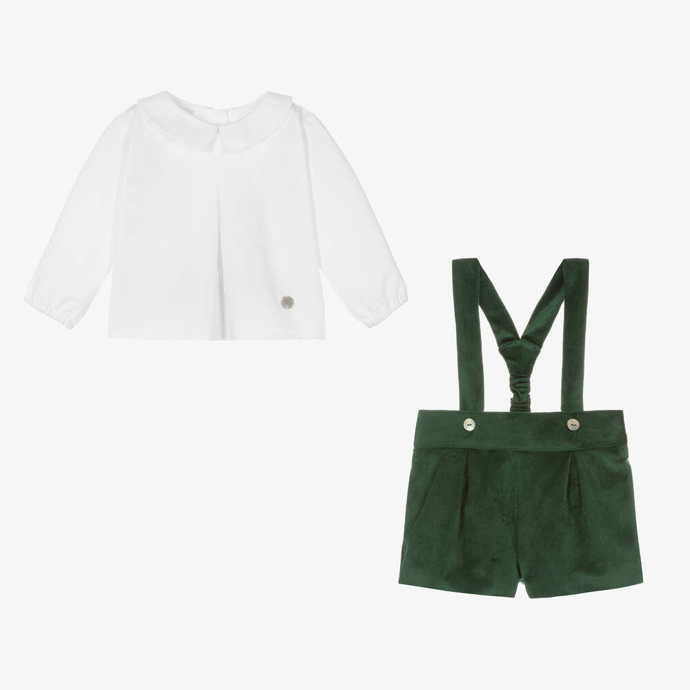Artesanía Granlei-Boys Green Cotton Velvet Shorts Set | Childrensalon