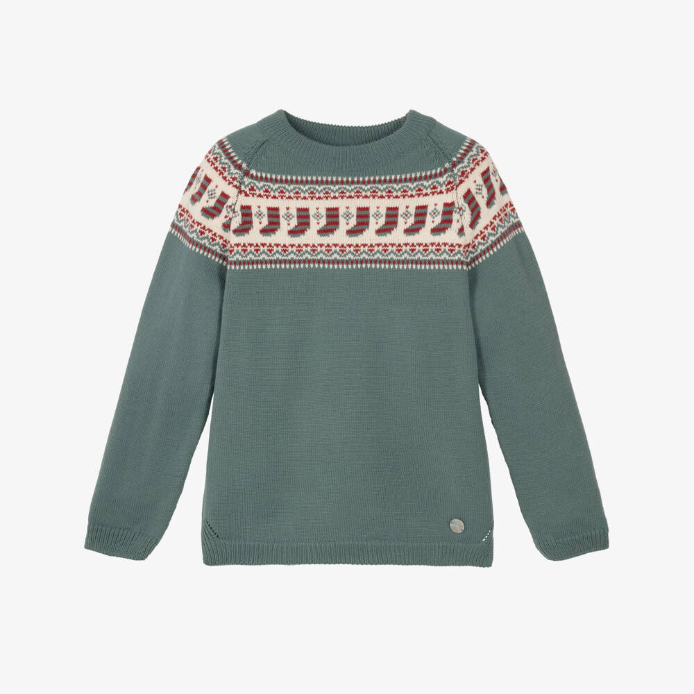 Artesanía Granlei-Boys Green Festive Fair Isle Sweater | Childrensalon