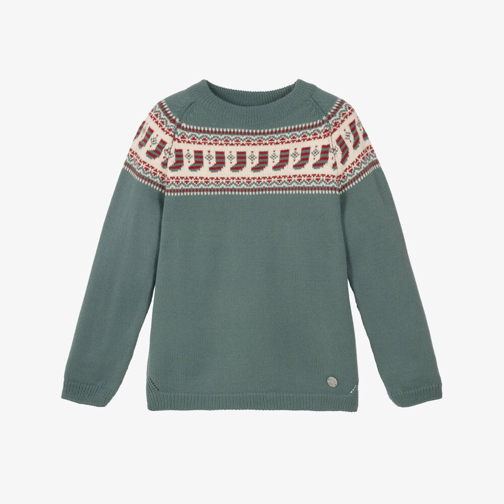 Artesanía Granlei-Boys Green Festive Fair Isle Sweater | Childrensalon