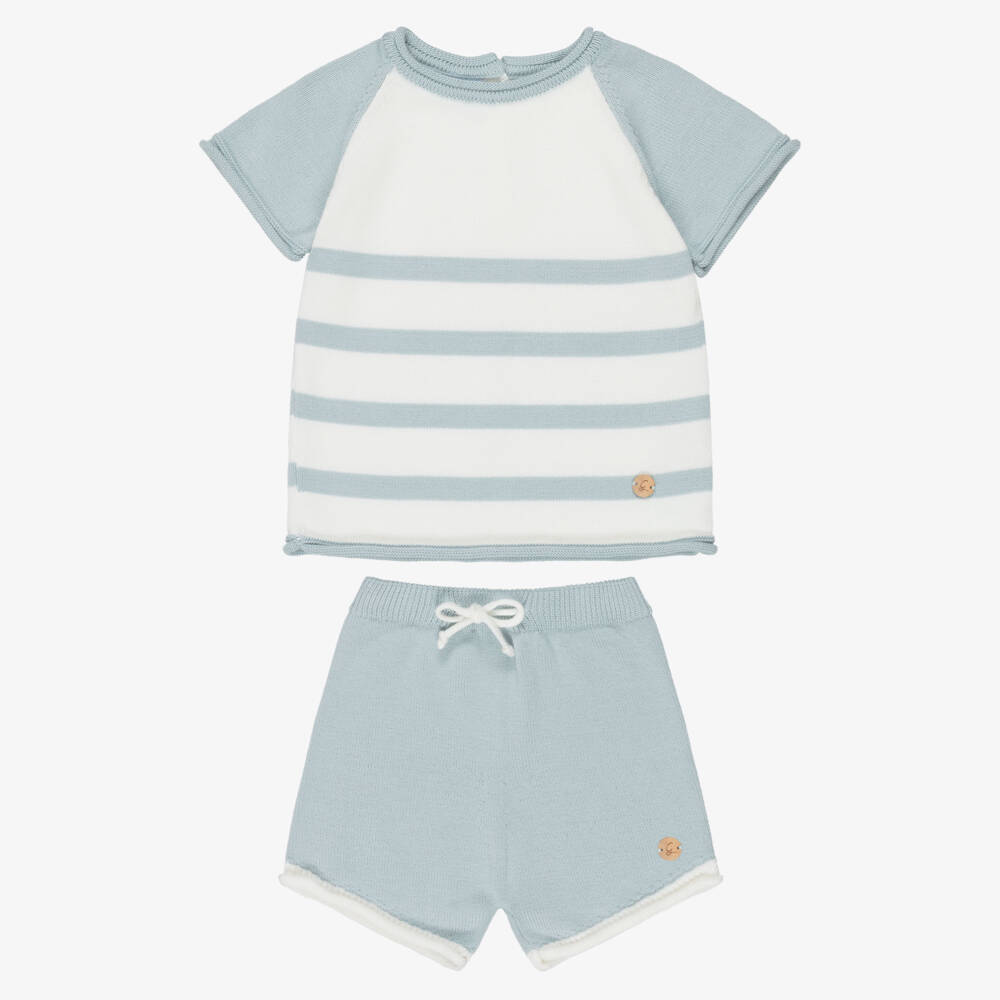 Artesanía Granlei-Boys Green & Ivory Striped Knitted Shorts Set | Childrensalon