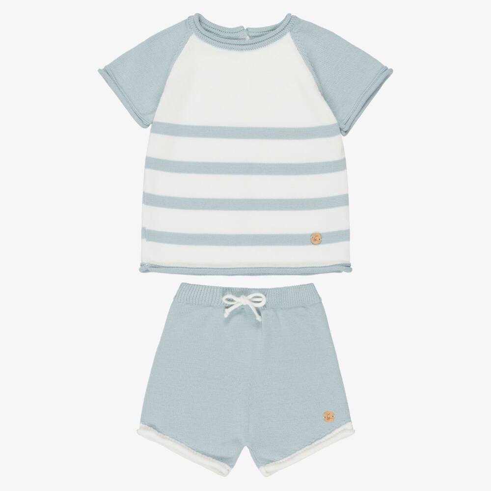 Artesanía Granlei-Boys Green & Ivory Striped Knitted Shorts Set | Childrensalon