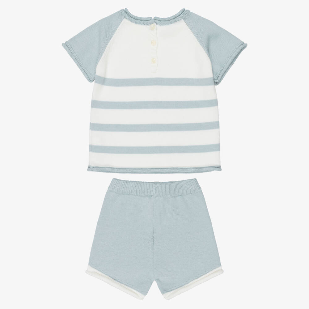 Artesanía Granlei-Boys Green & Ivory Striped Knitted Shorts Set | Childrensalon