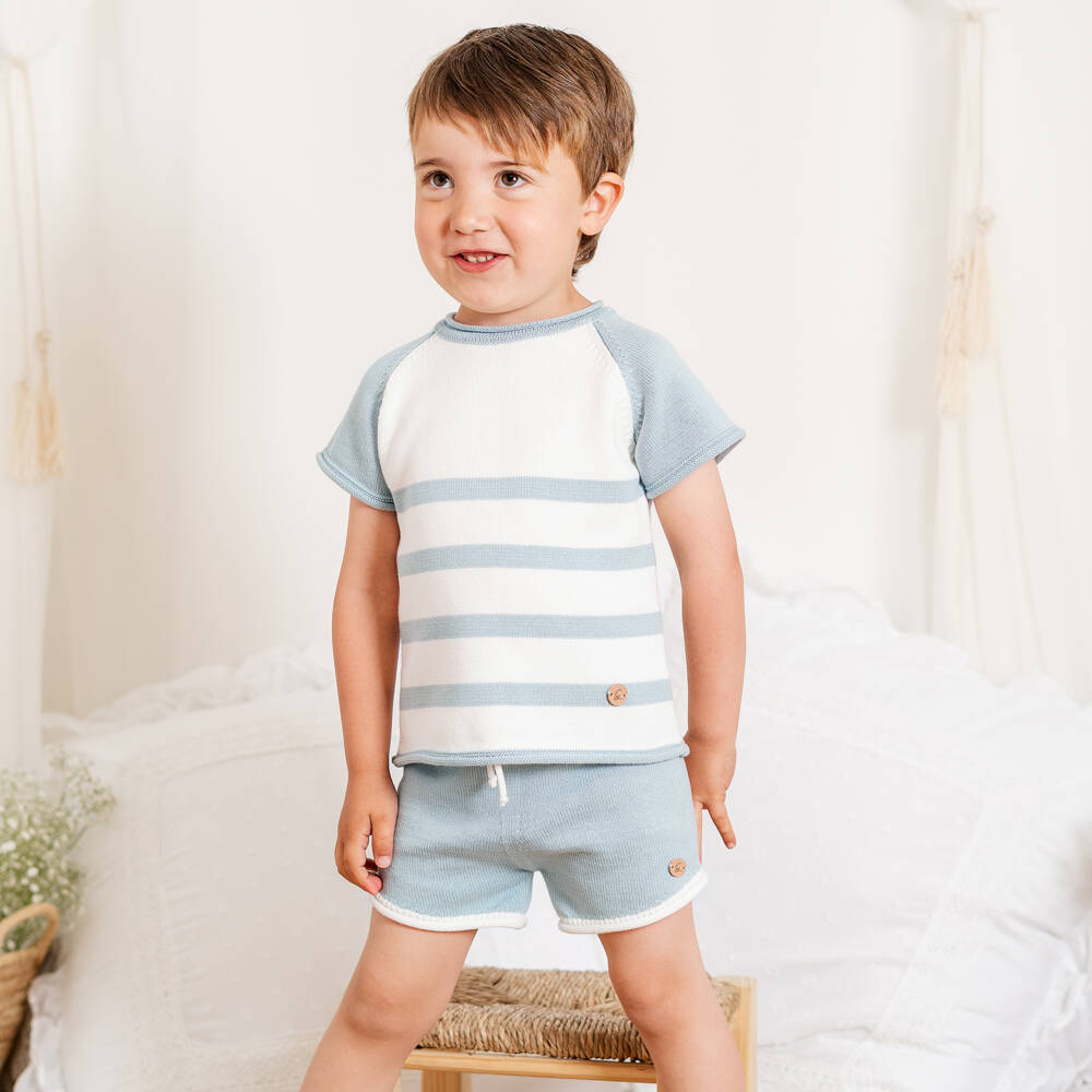 Artesanía Granlei-Boys Green & Ivory Striped Knitted Shorts Set | Childrensalon