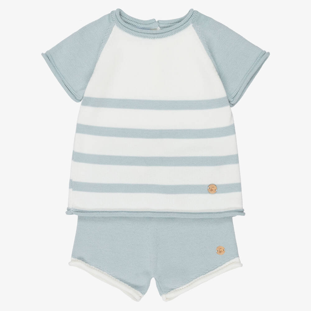Artesanía Granlei-Boys Green & Ivory Striped Knitted Shorts Set | Childrensalon