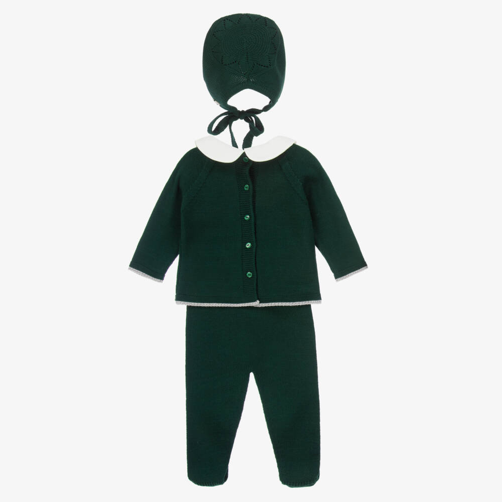 Artesanía Granlei-Boys Green Knitted Babysuit Set with Bear Motif | Childrensalon