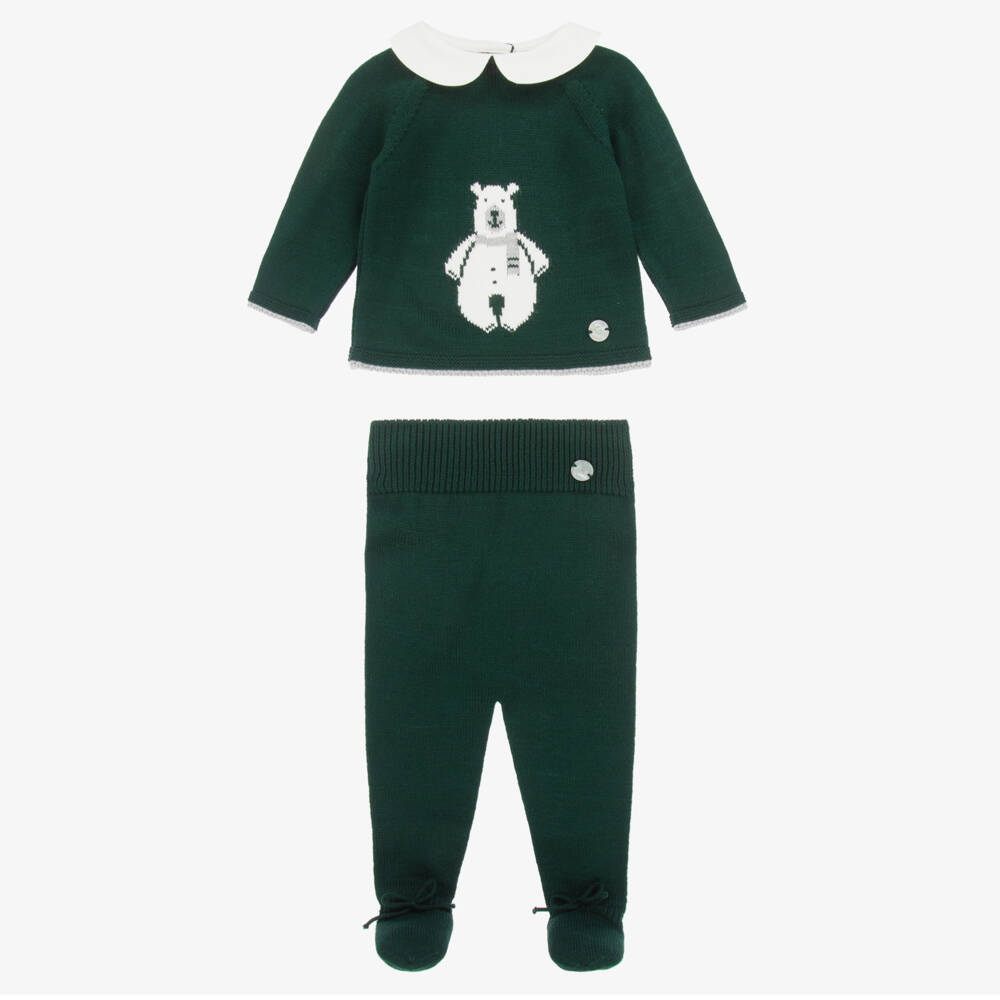 Artesanía Granlei-Boys Green Knitted Babysuit Set with Bear Motif | Childrensalon