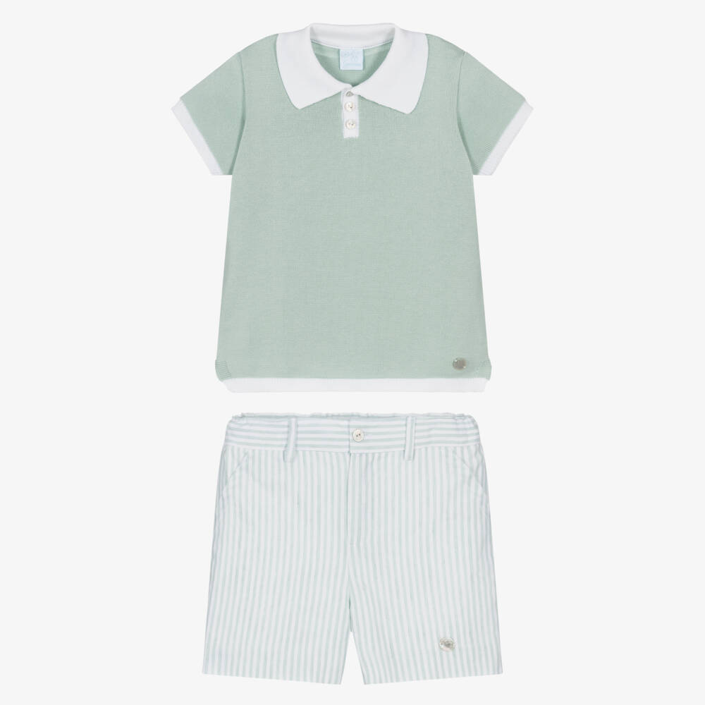 Artesanía Granlei-Boys Green Knitted Top & Striped Shorts Set | Childrensalon