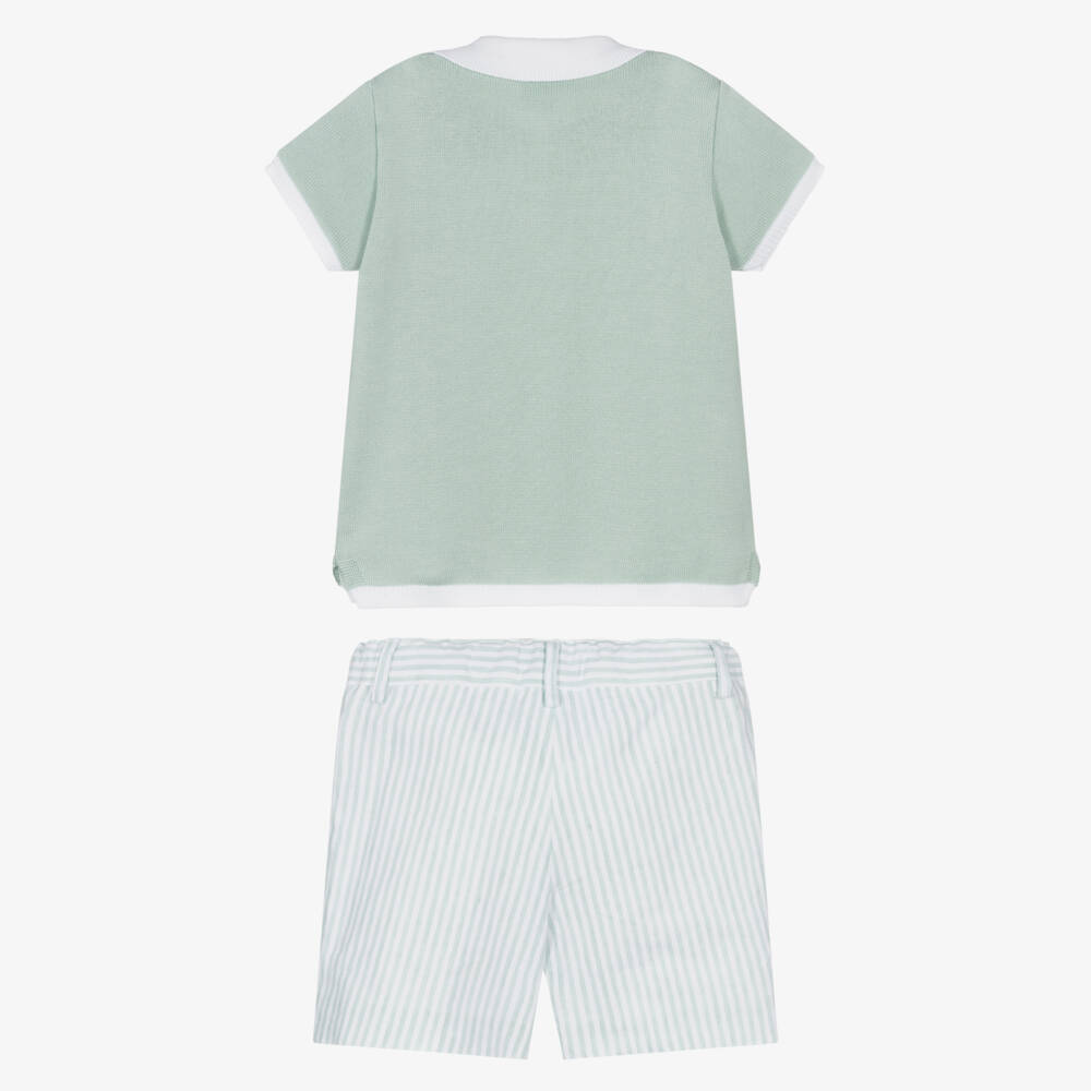 Artesanía Granlei-Boys Green Knitted Top & Striped Shorts Set | Childrensalon
