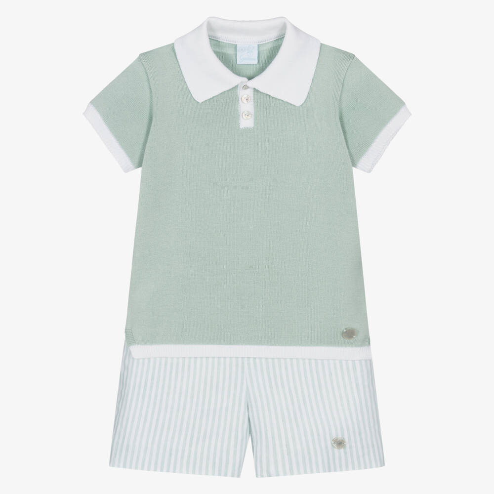 Artesanía Granlei-Boys Green Knitted Top & Striped Shorts Set | Childrensalon