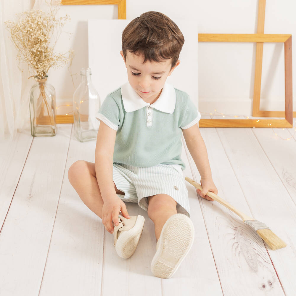 Artesanía Granlei-Boys Green Knitted Top & Striped Shorts Set | Childrensalon