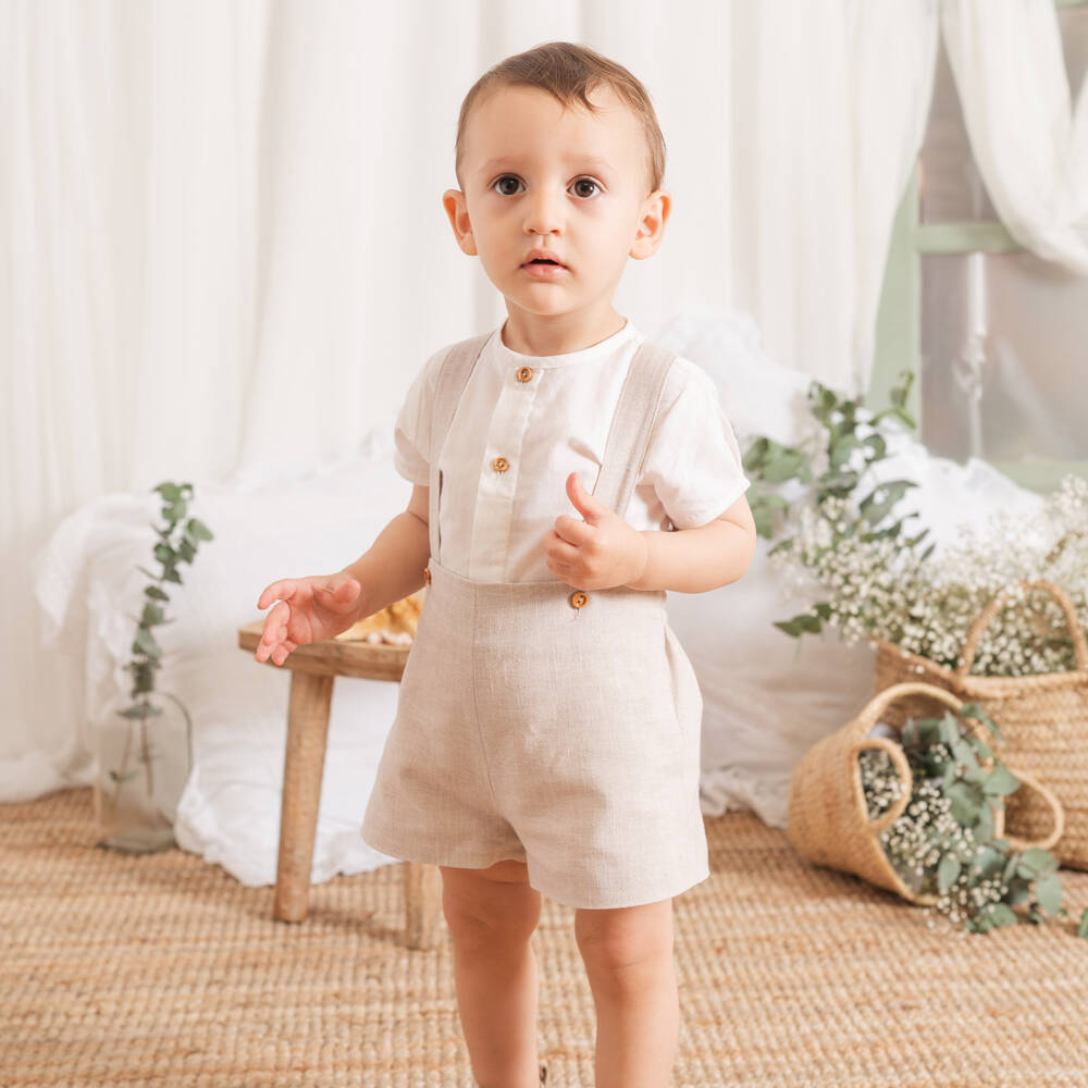 Artesanía Granlei-Boys Ivory & Beige Shorts Set with Braces | Childrensalon