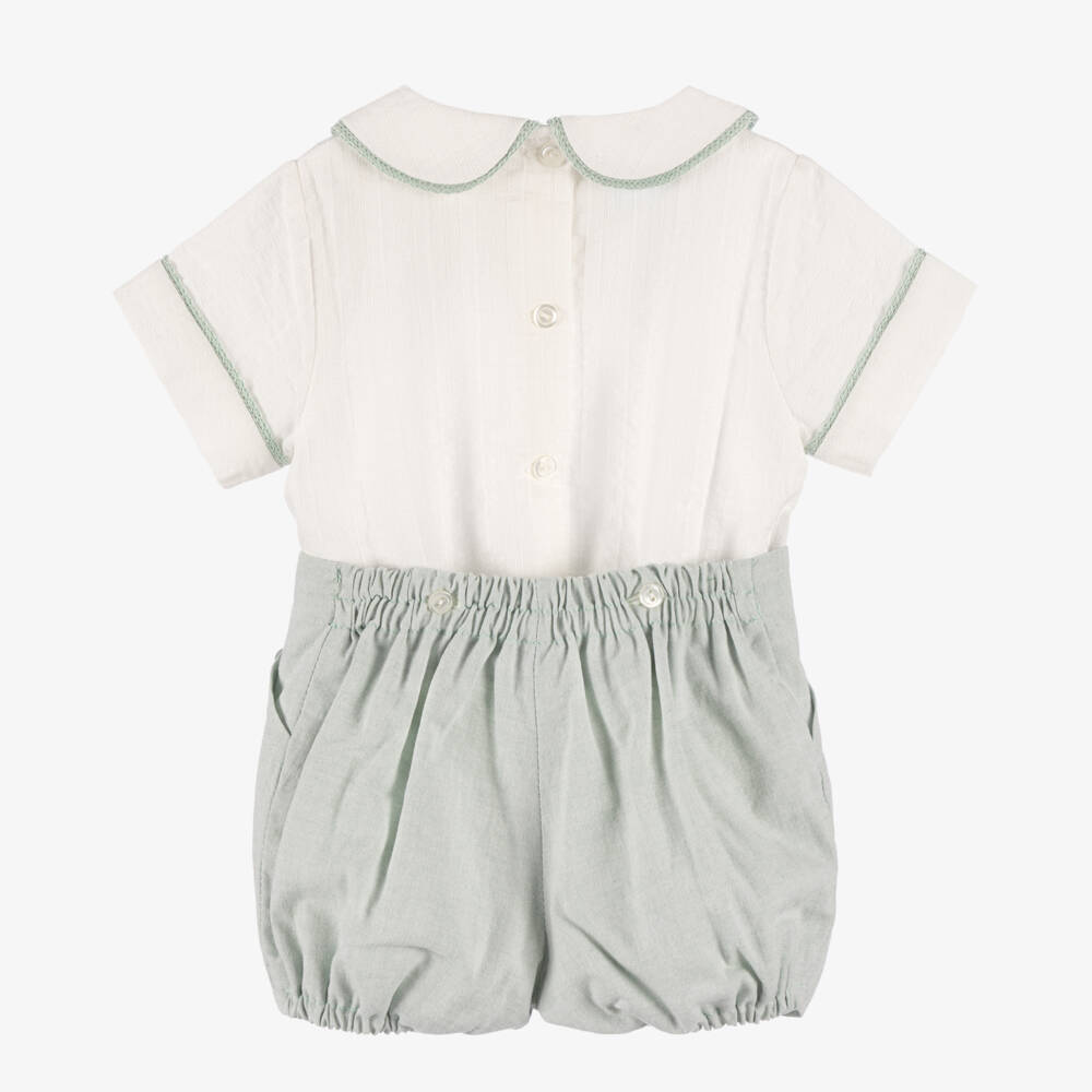 Artesanía Granlei-Boys Ivory & Green Cotton Buster Suit | Childrensalon