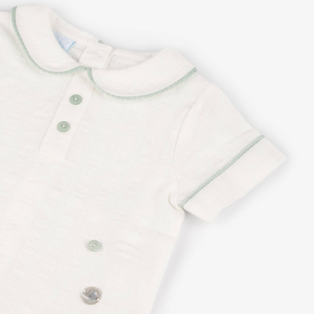 Artesanía Granlei-Boys Ivory & Green Cotton Buster Suit | Childrensalon