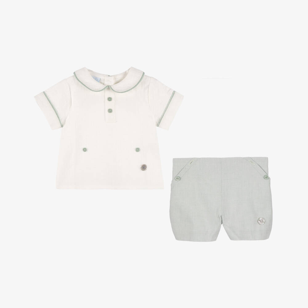 Artesanía Granlei-Boys Ivory & Green Cotton Buster Suit | Childrensalon