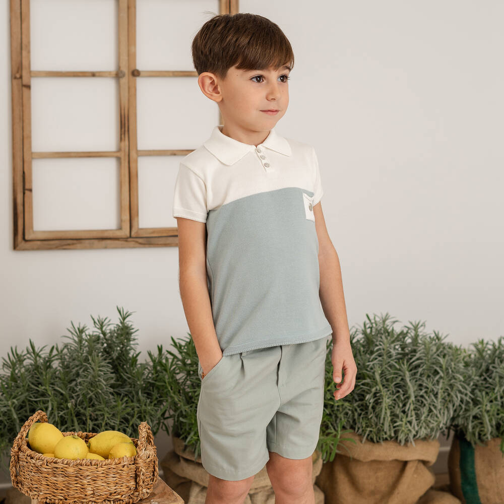 Artesanía Granlei-Boys Ivory & Green Shorts Set | Childrensalon
