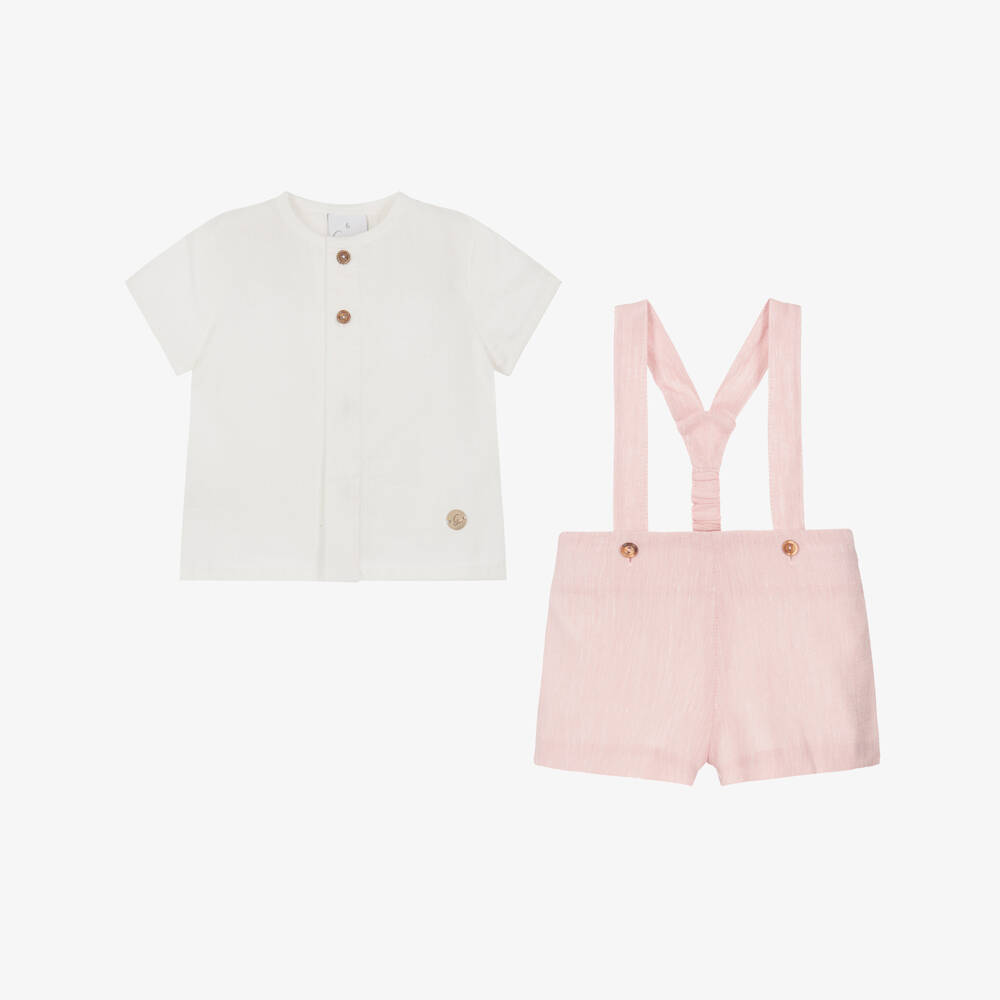Artesanía Granlei-Boys Ivory & Pink Shorts Set with Braces | Childrensalon