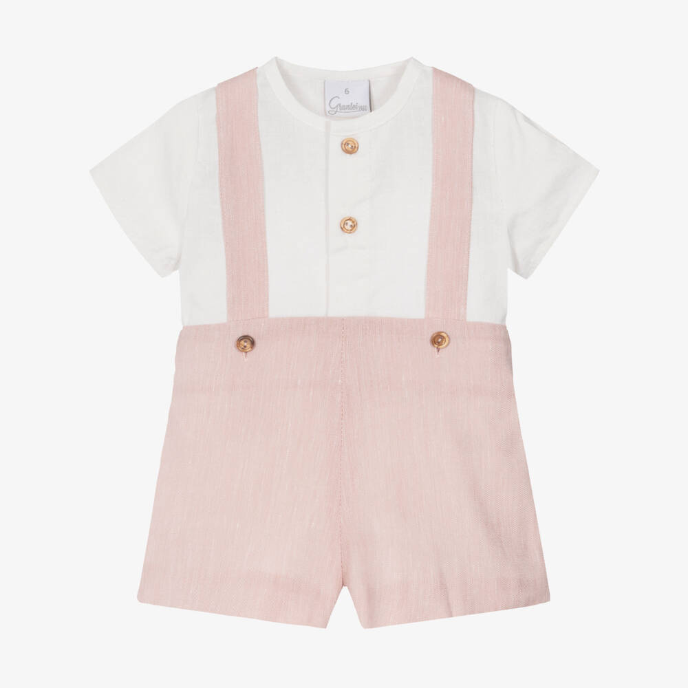 Artesanía Granlei-Boys Ivory & Pink Shorts Set with Braces | Childrensalon