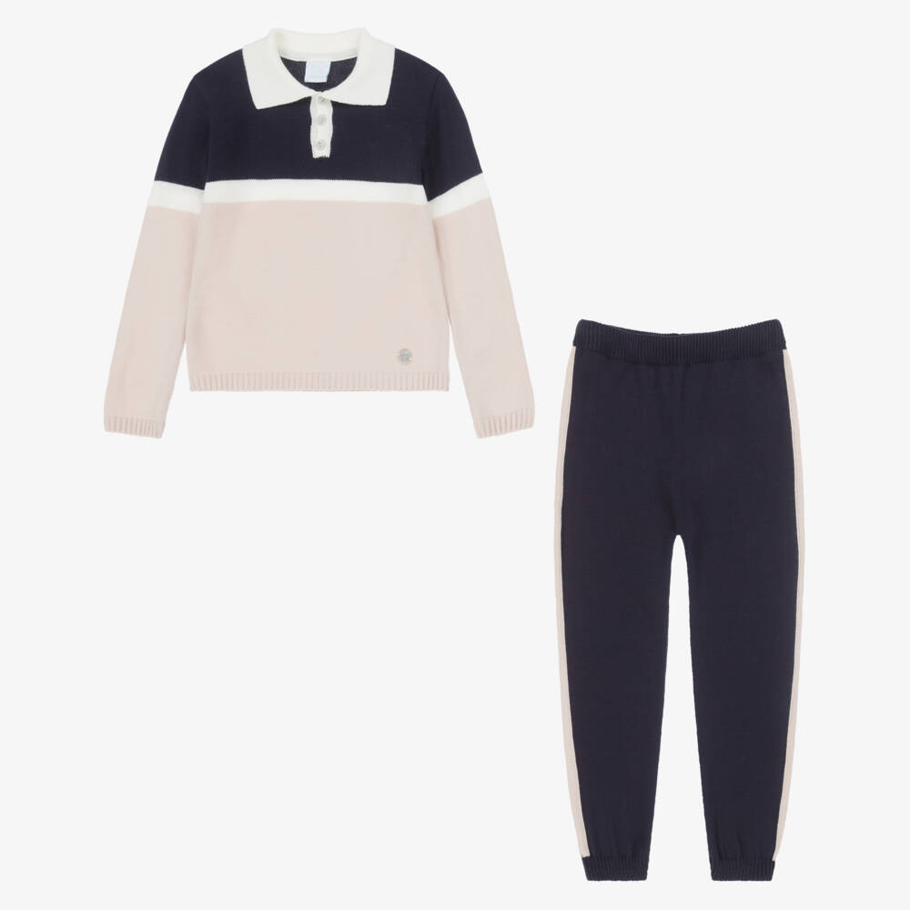 Artesanía Granlei-Boys Navy Blue & Beige Knit Trouser Set | Childrensalon
